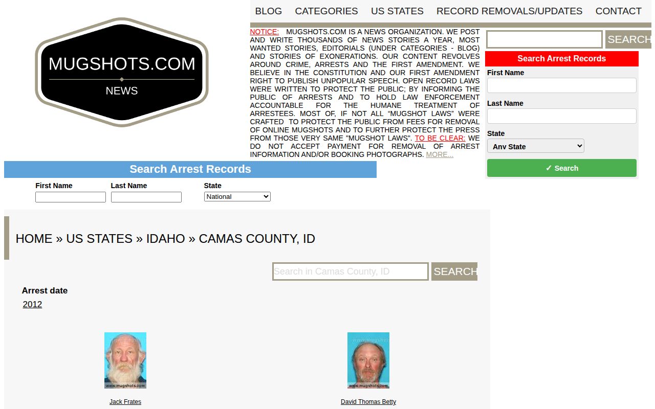 Camas County historical third-party booking-record category used for news-source comparison