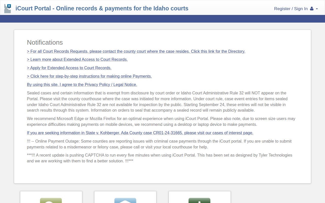 Camas County warrant-check research using the Idaho iCourt public records portal