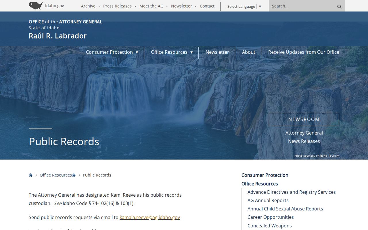 Camas County booking-record request research using Idaho Attorney General public-records guidance