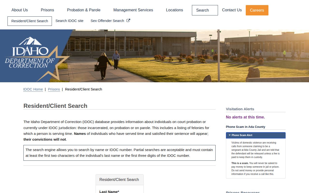 Camas County state-custody record research using the Idaho Department of Correction resident search